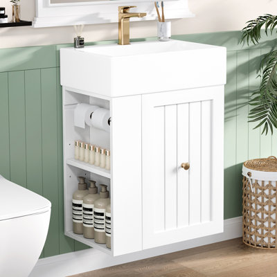 Meuble-lavabo compact de 20 po avec lavabo intégré, tiroir, tablette latérale et décoration dorée pour le rangement des salles d'eau, tiroir