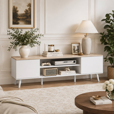 Meuble télé de style Mid-Century moderne pour téléviseur de 70 à 70 po, meuble audio-vidéo avec rangement, tablettes réglables et fermeture en douceur, console télé média pour le salon / la chambre à coucher