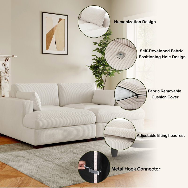 Bentura Oversized Upholstered Beige Corduroy Sleeper Sofa Bed Lounge Modular Sofa with Armrests & Throw Pillows