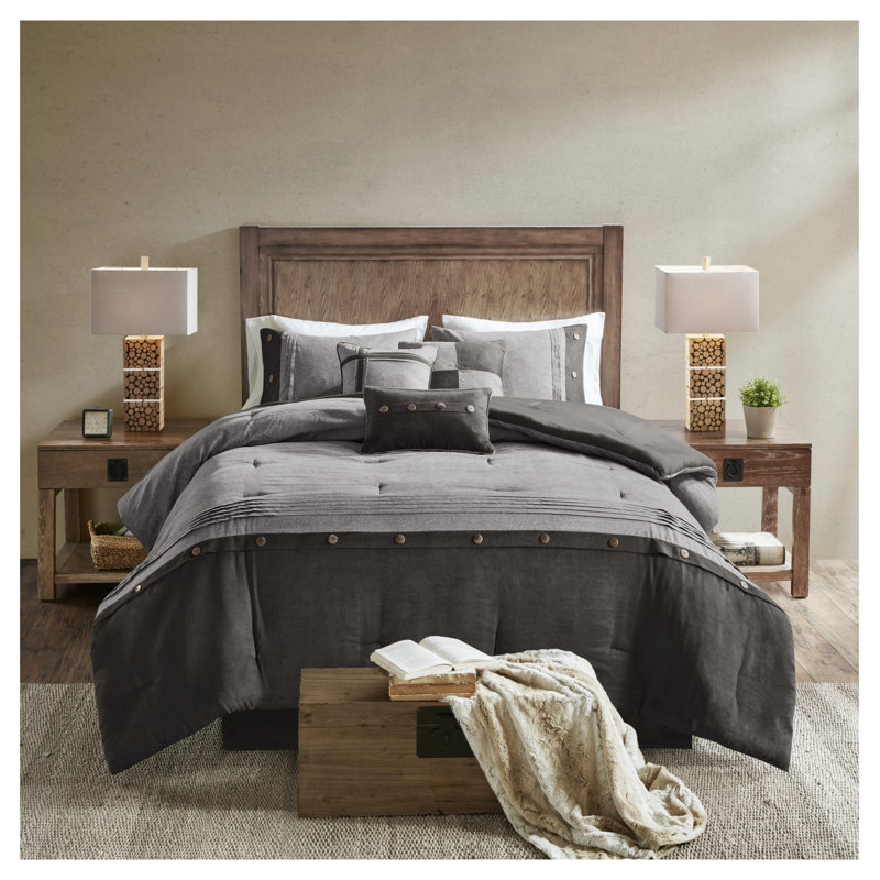 Ensemble d'édredon 7 pièces en faux suède, Gris, Édredon de très grande taille et 6 pièces suppl