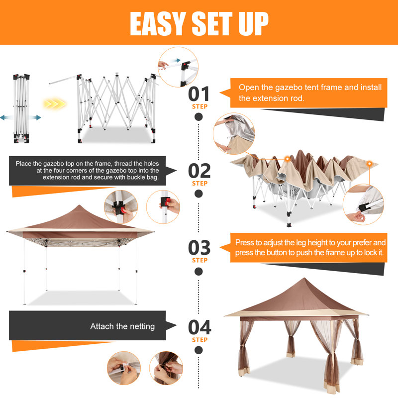 Brown and Beige 12x12ft Waterproof Pop-Up Gazebo Tent with Mosquito Netting