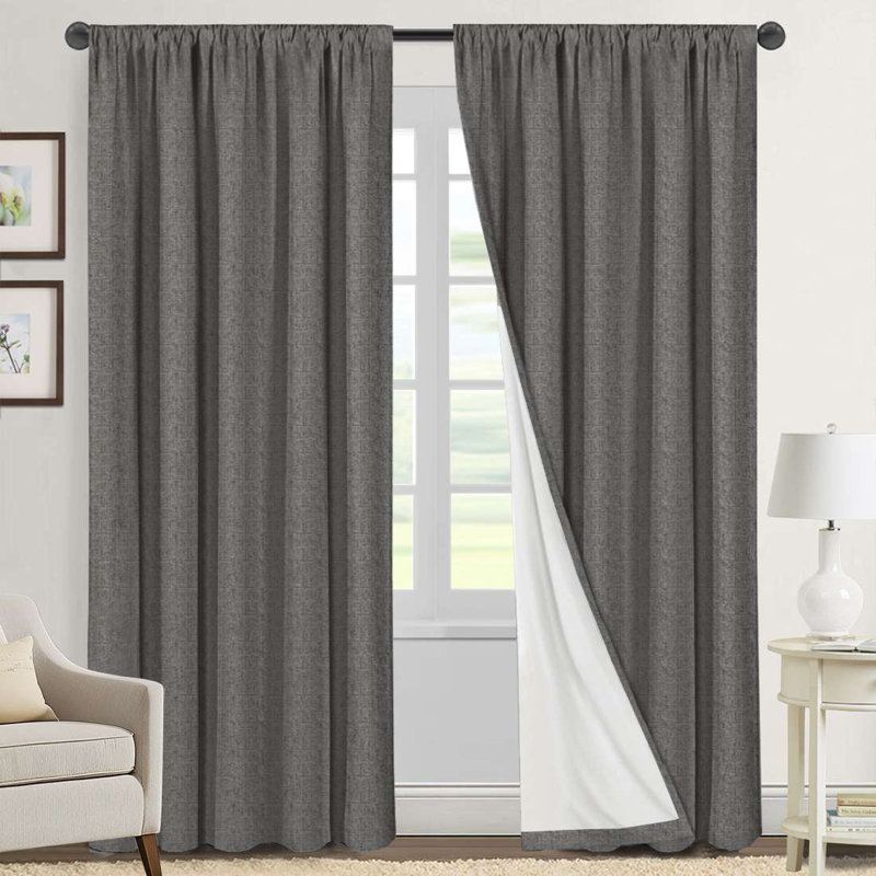 Linen Look 100% Blackout Curtains for Bedroom Full Light Blocking Rod Pocket 42 Inches Wide Linen Textured Thick Window Curtain Drapes with Backing