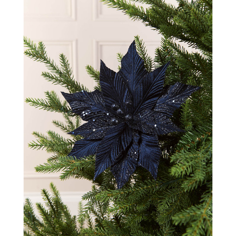 Navy Glitter Artificial Poinsettia, 26cm, Black