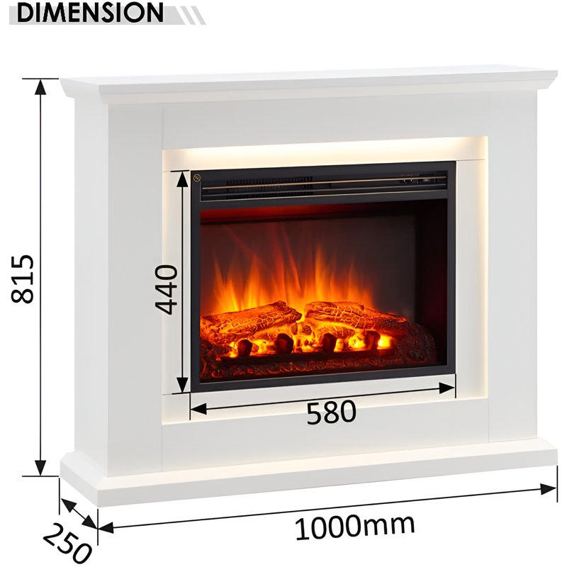 EVORA FLAMME Electric Fireplace, White, 82cm H x 100cm W x 25cm D