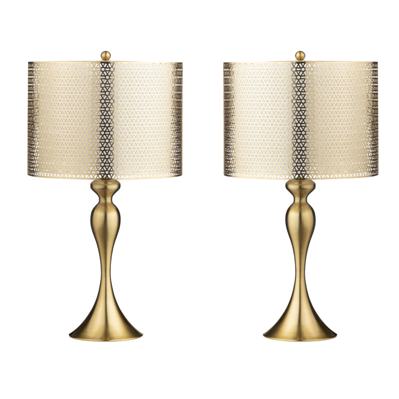 Set Of 2 Steel Table Lamps with Metal over Linen Double Drum Shade, Gold