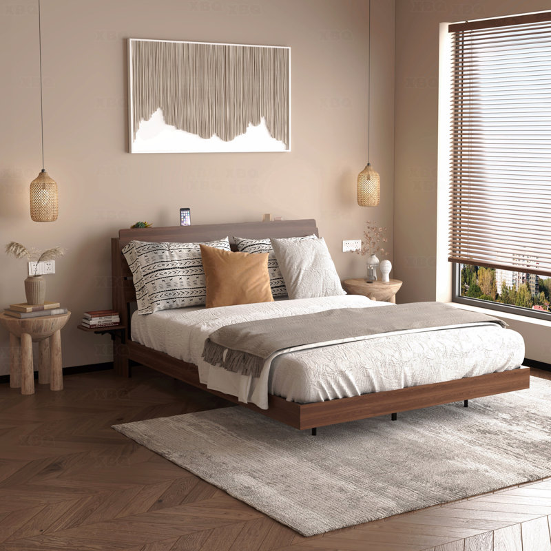 Brown Floating Queen Bed Frame with RGB LED Lights & Charging Station – Storage Headboard, No Box Spring Needed, Brown