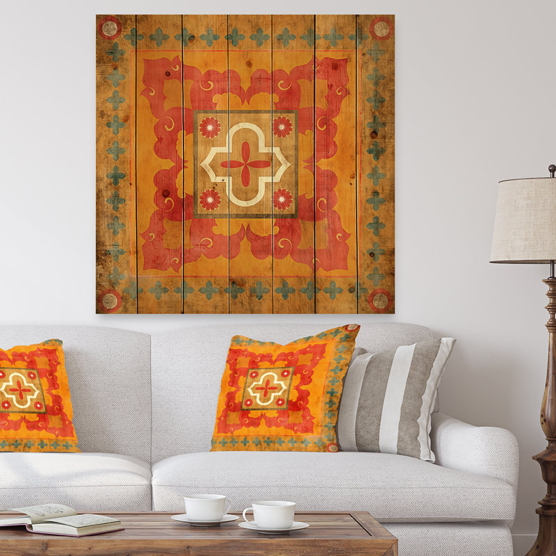 Carreaux marocains orange, collage III - impression bohémienne et éclectique sur bois, H 16 po x l 16 po x P 1 po