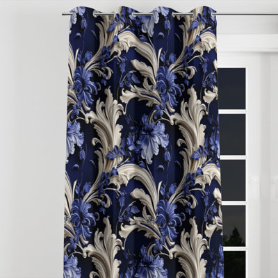 Cobalt Blue Baroque Scrolls Victorian Pattern I - Floral Grommet Curtain - Velvet Room darkening - 1 panel