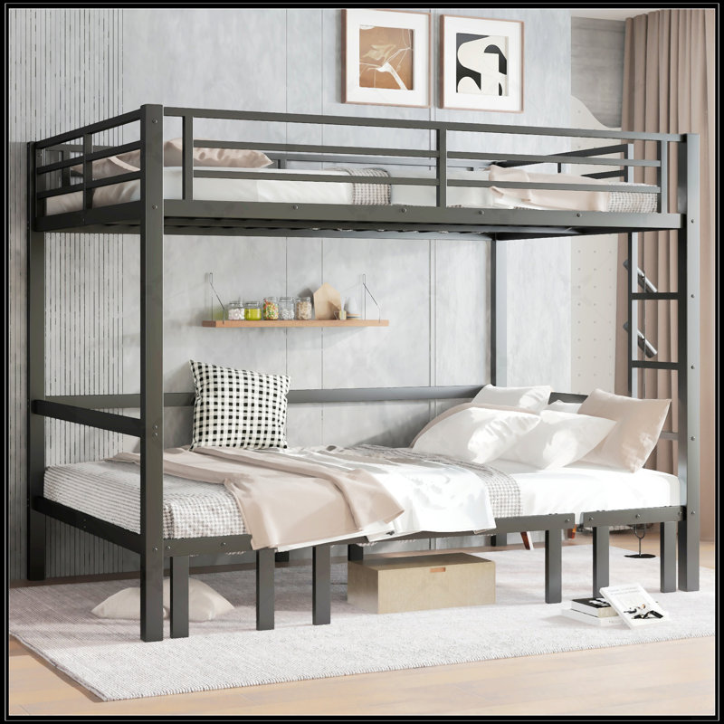 Grand lit superposé escamotable en métal avec traverses de sécurité et lit inférieur polyvalent, noir