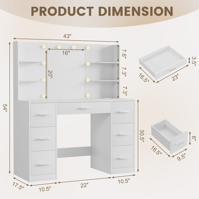 Makeup Vanity With Led Lighted Mirror And Built-In Power Supply, White