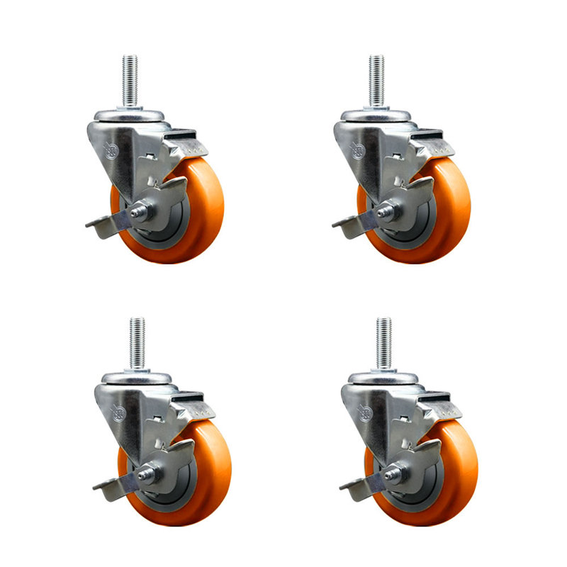 Ensemble de roulettes à tige filetée 3,5 po pivotant 3,5 po 3/4 po avec frein, Orange