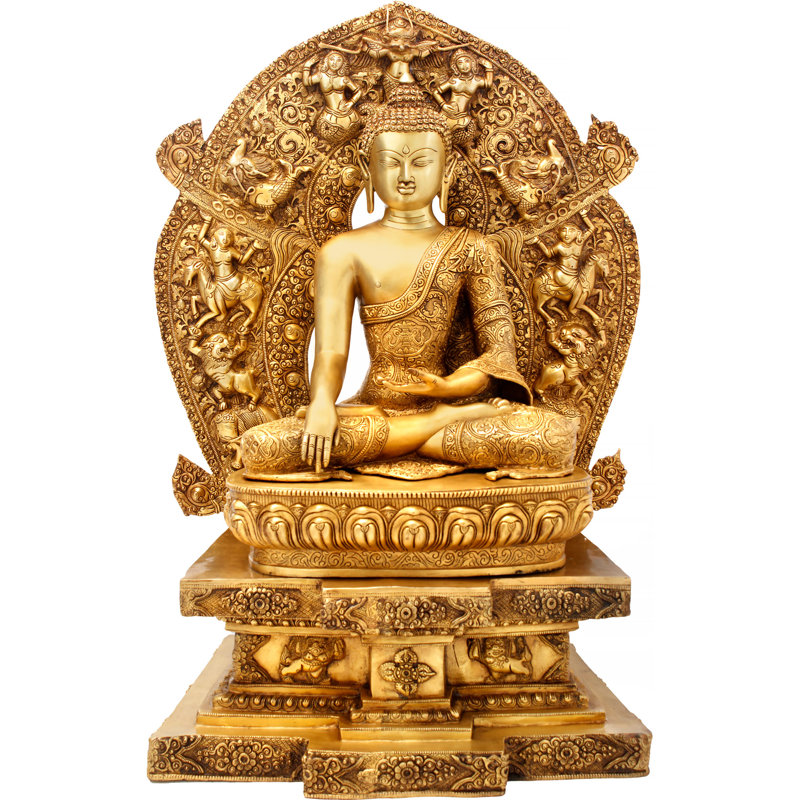 Grande taille - Bouddha assis sur un trône de six lumières ornementales (bouddhiste tibétain), Laiton / doré