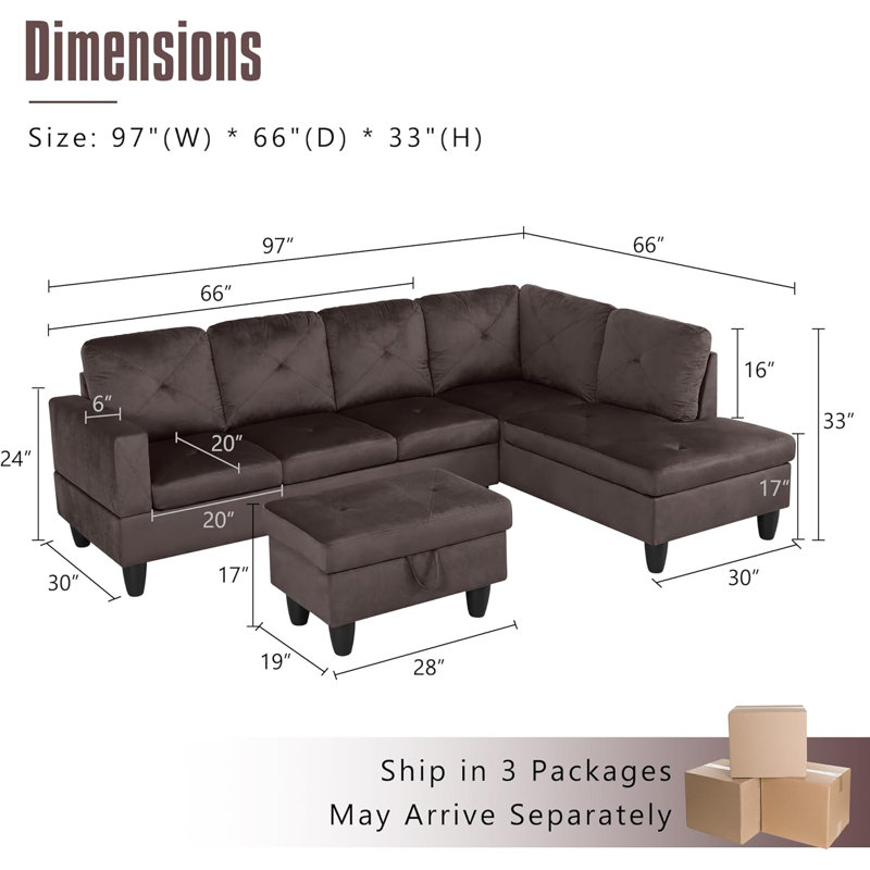 3-Piece Flannelette  Modular Sectional Sofa, Left Hand Facing, Coffee