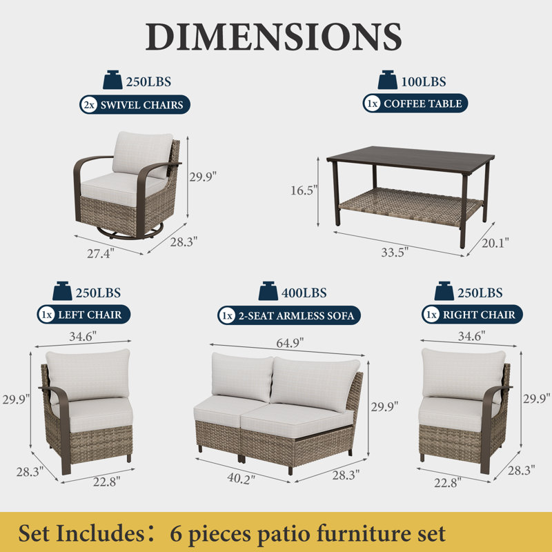 Ensemble de 7 meubles de patio en osier 7 pièces, conversation extérieure demi-lune 360 degrés avec table basse, Beige