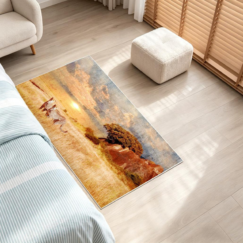 Tapis intérieur doré lavable à la machine, motif guépards dans la savane africaine, Rectangle 32 po x 47 po