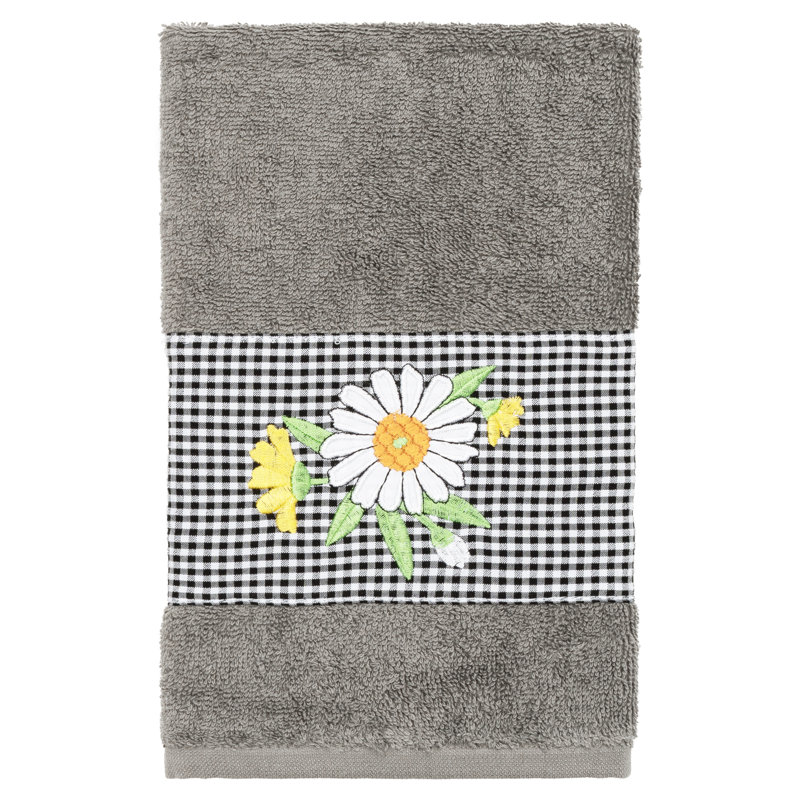 100% Turkish Cotton Daisy Embellished Towel Set, Dark Gray, 1 Piece Hand Towel