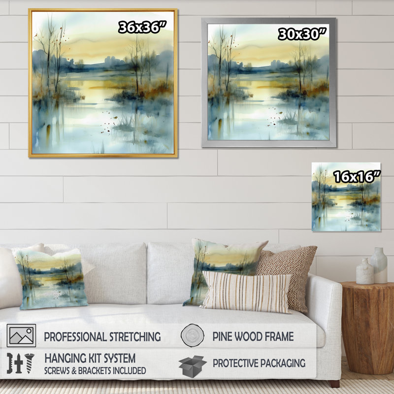 Summer Lake Landscape Illustration III, reproduction d'art sur toile, H 30 po x l 30 po x P 1 po, Cadre flottant doré