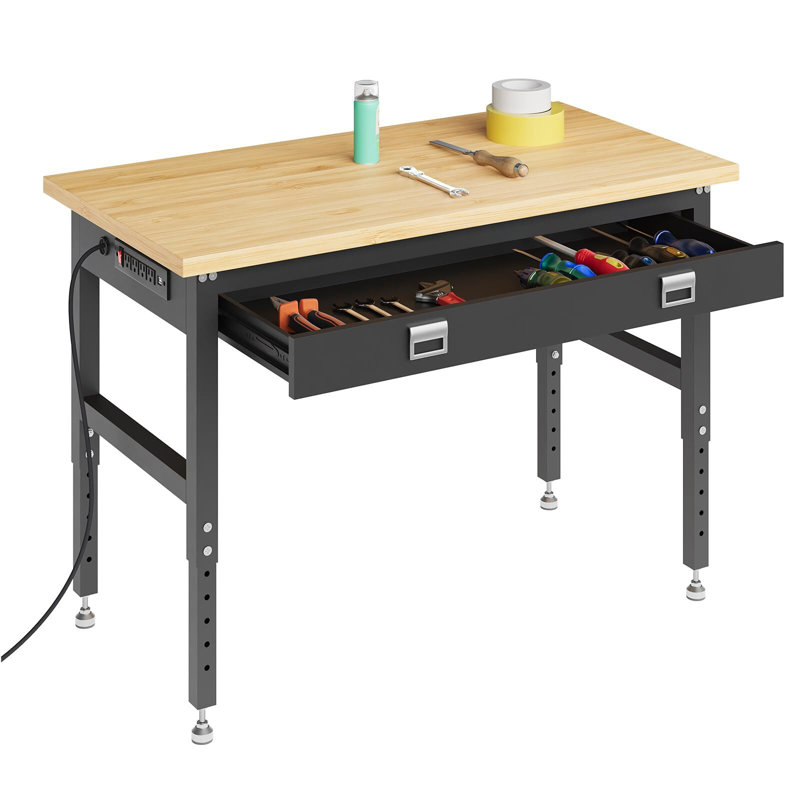 60" Workbench with Large Drawers,2200LBS Capacity Adjustable Desk, 28"-40" Manual Height Garage Storage Table for Workshop Home
