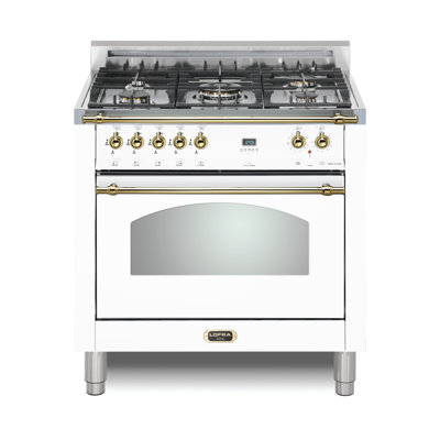 Cuisinière à double combustible 36 pouces avec 5 brûleurs en laiton scellés Lofra Dolcevita Series (blanc, garniture en laiton)