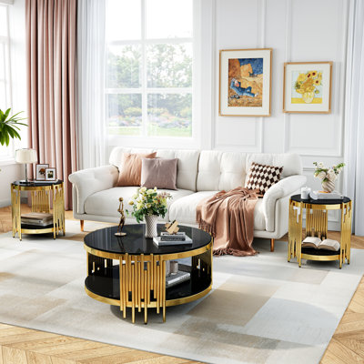 Ensemble de table basse et de table ronde en verre 2 pièces, plateau en verre trempé à deux niveaux, structure de tuyau cylindrique irrégulière en acier inoxydable