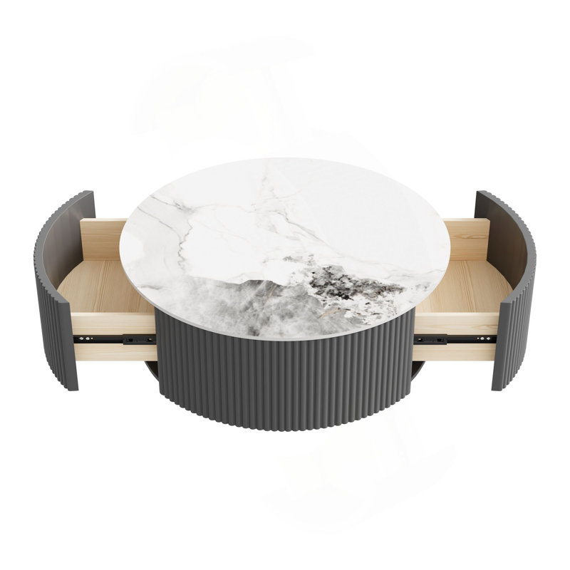 Table basse ronde moderne mobile avec roulettes, 2 tiroirs, plateau en marbre fritté à motif marbré, Gris
