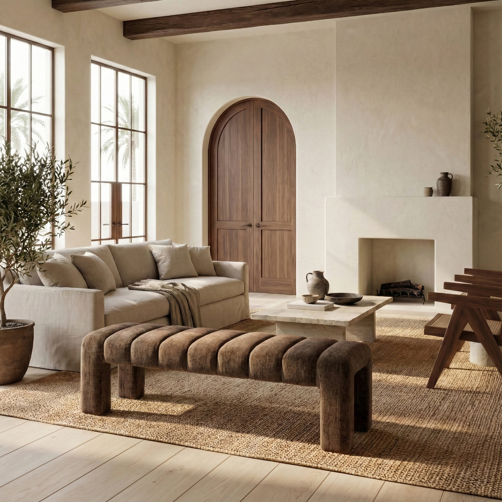 Gliese 63" Velvet Bedroom Bench, Brown Chenille