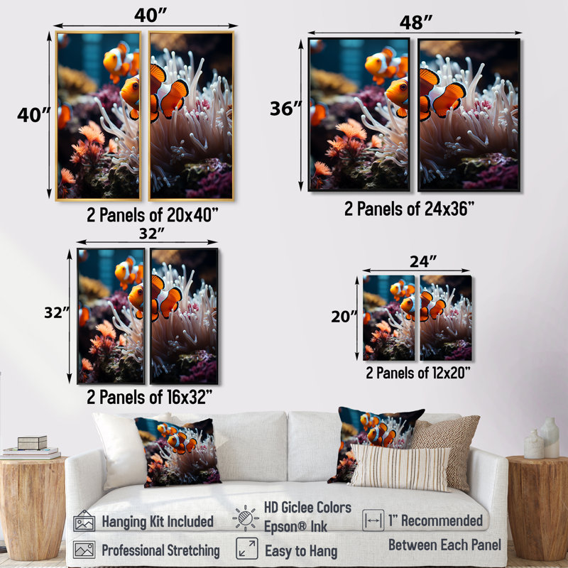 «Orange clownfish», art mural moderne et vert, H 40 po x l 40 po, Toile tendue, Ne s’applique pas