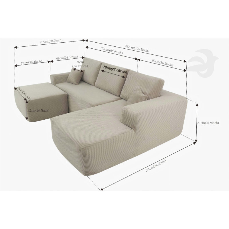 Canapé modulaire Cloud avec méridienne en U et assise profonde pour un confort ultime, aucun assemblage requis.