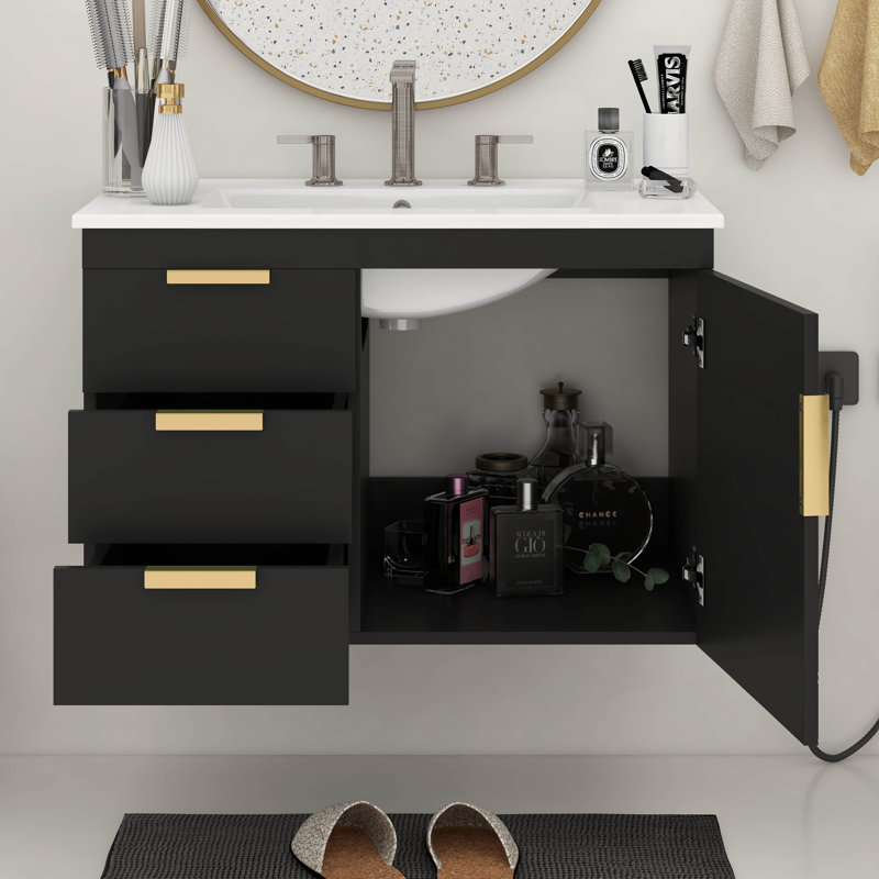 Armoire de salle de bain murale 30 "avec lavabo en céramique, armoire de salle de bain avec porte à fermeture en douceur et tiroirs
