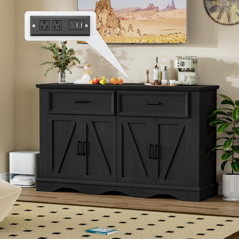 56" Wide 2 Drawer Sideboard Buffet, Farmhouse 4 Doors Credenza Storage Cabinets with Adjustable Shelves, Black