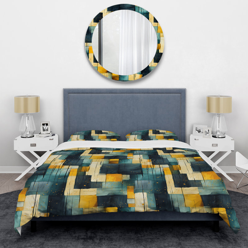 Ensemble de housse de couette en microfibre à motif géométrique abstrait jaune et bleu sarcelle