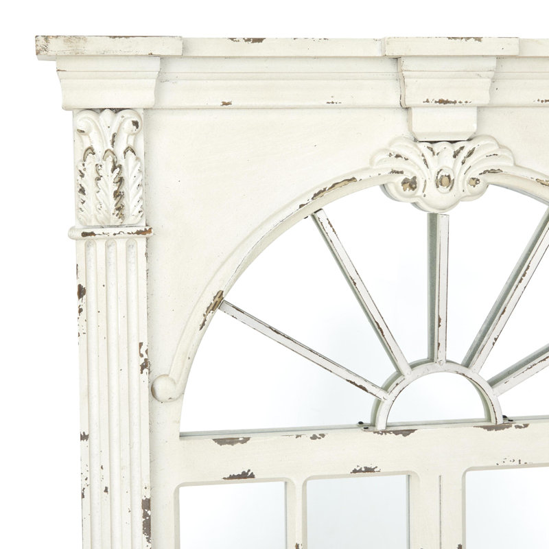 Karlstad Cream Wood Vintage Scrolled Window Pane Room Wall Mirror with Arched Top and Columns 52" x 37"
