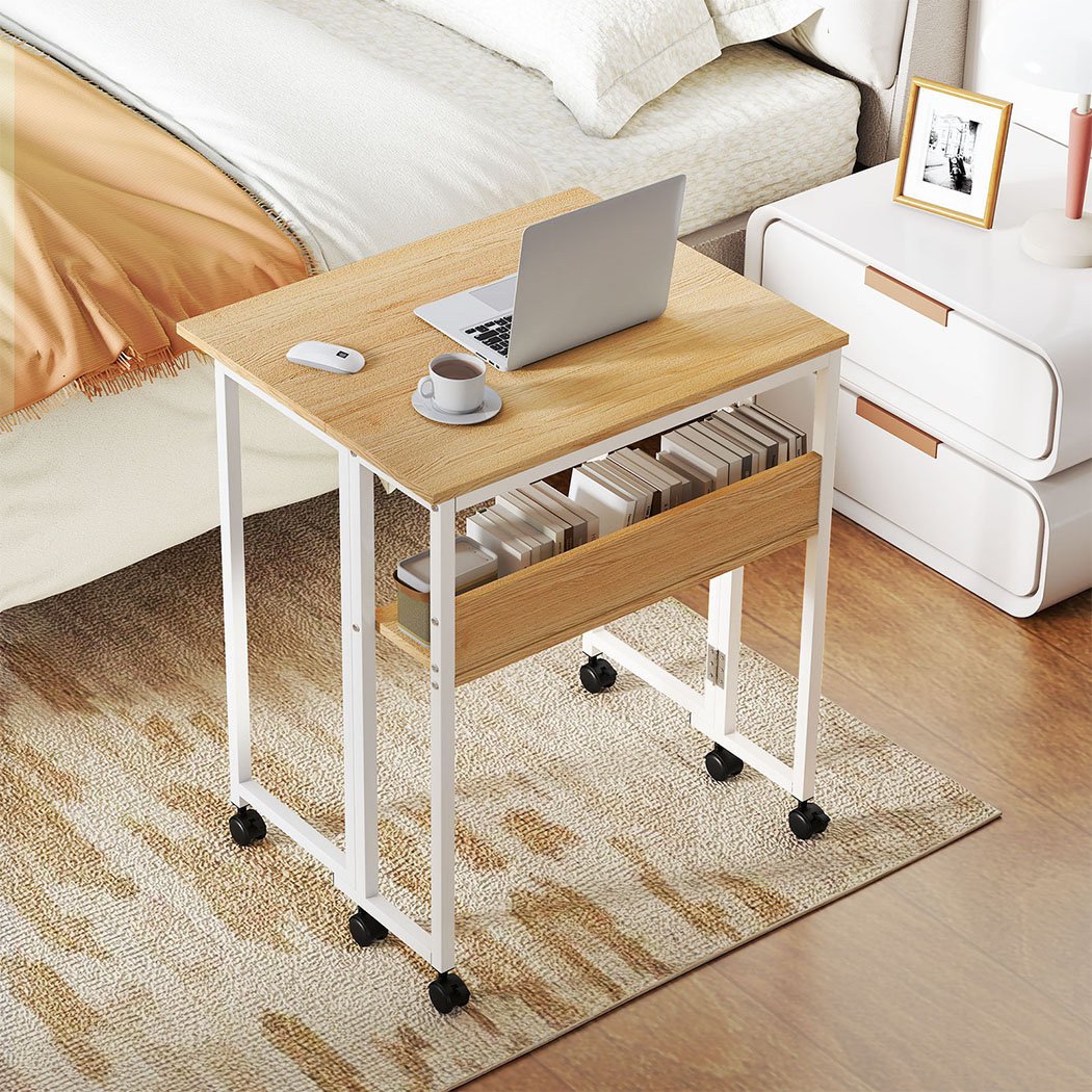 Foldable Computer Desk Folding Table with Shelf Wheels for Small Space