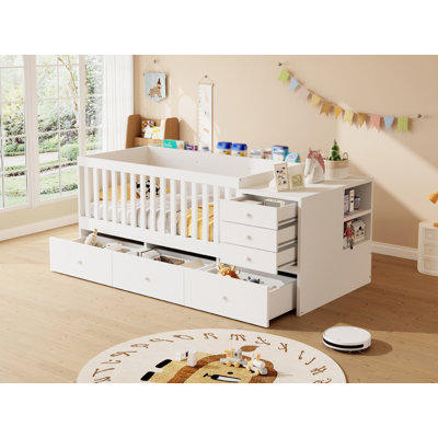 Convertible Crib to Daybed with Drawers,2-in-1 Baby Crib with Solid Wood Guardrails,Changing Table & Storage Drawers,Compatible with standard US toddler mattresses,Toddler Bed with Safety Rail,  White