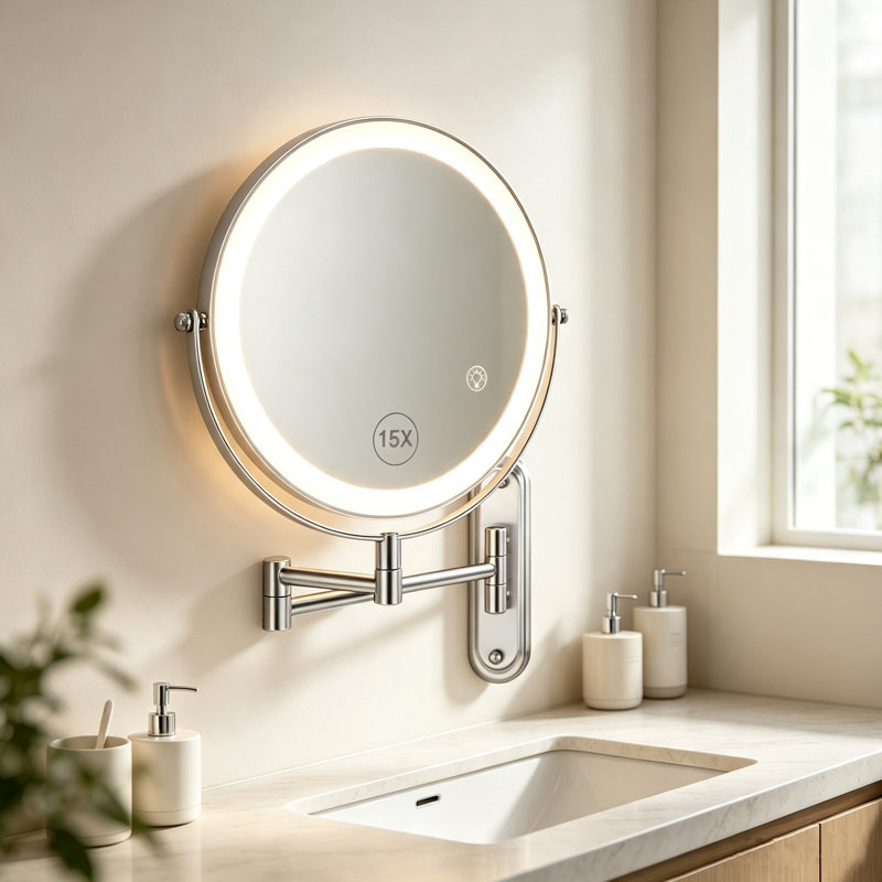Miroir de maquillage mural lumineux avec miroir extensible 1X / 15X à double face avec bras extensible 3 modes de couleurs