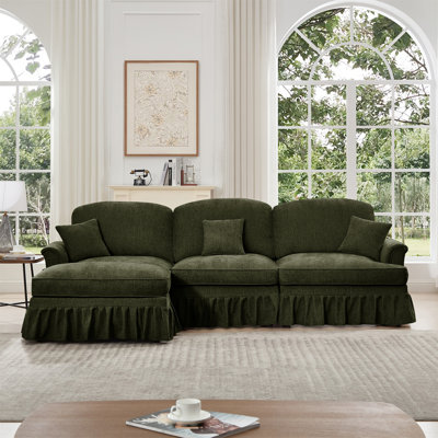 Mid Century Three Seater Modular L Shaped Sectional Couch With Flared Arms And Removable Ruffles Pleats Skirts And Spindle Legs, Comfy Chenille 3-Seat Deep Seat Sofa With Movable Ottoman