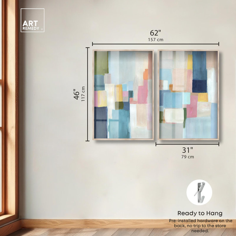 «Colorful Stillness Shadowbox», ensemble d'art abstrait par Art Remedy, cadre blond, 30 x 45, H 46 po x l 31 po, Cadre blond