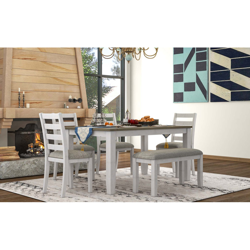 Ensemble de table de salle à manger de style rustique 6 pièces avec 4 chaises rembourrées et un banc