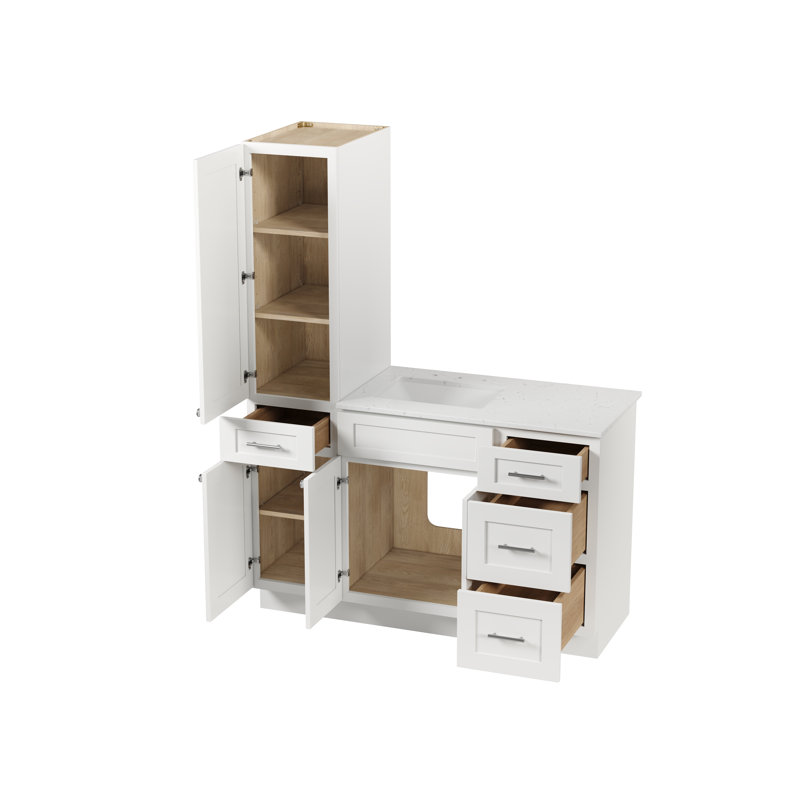 Disar 54' Single Bathroom Vanity With Left Linen Tall Cabinet Dovetail Solid Wood Drawer Carrara Quartz Top, White