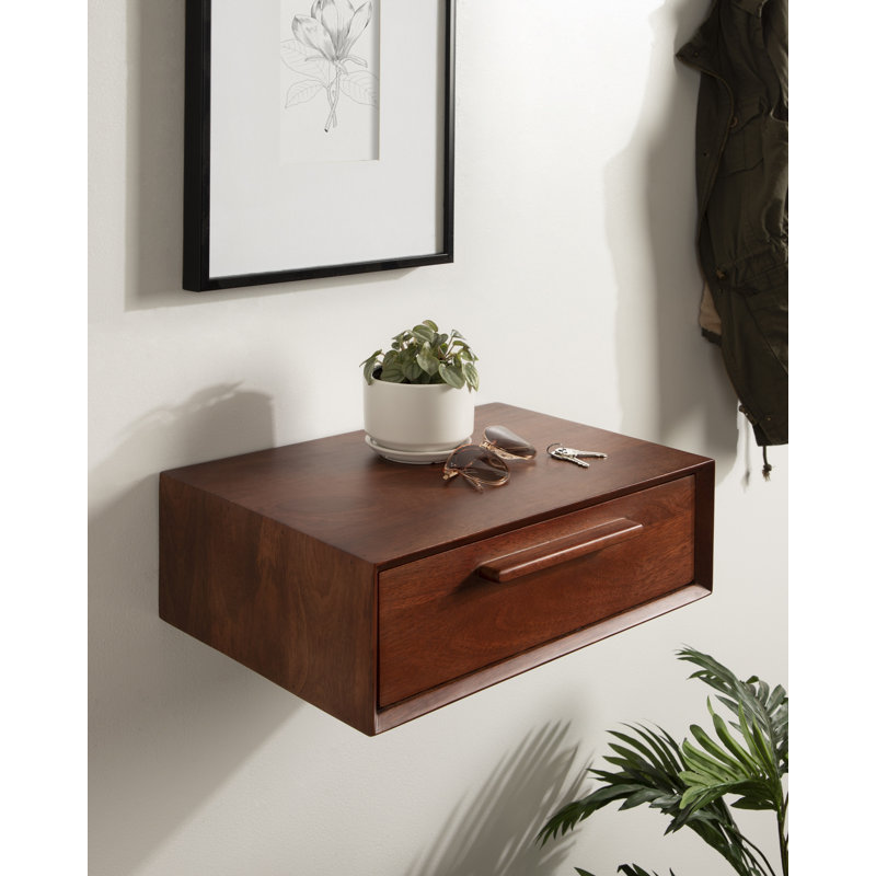 Geoffry Mango Floating Shelf with Drawer, Walnut Brown