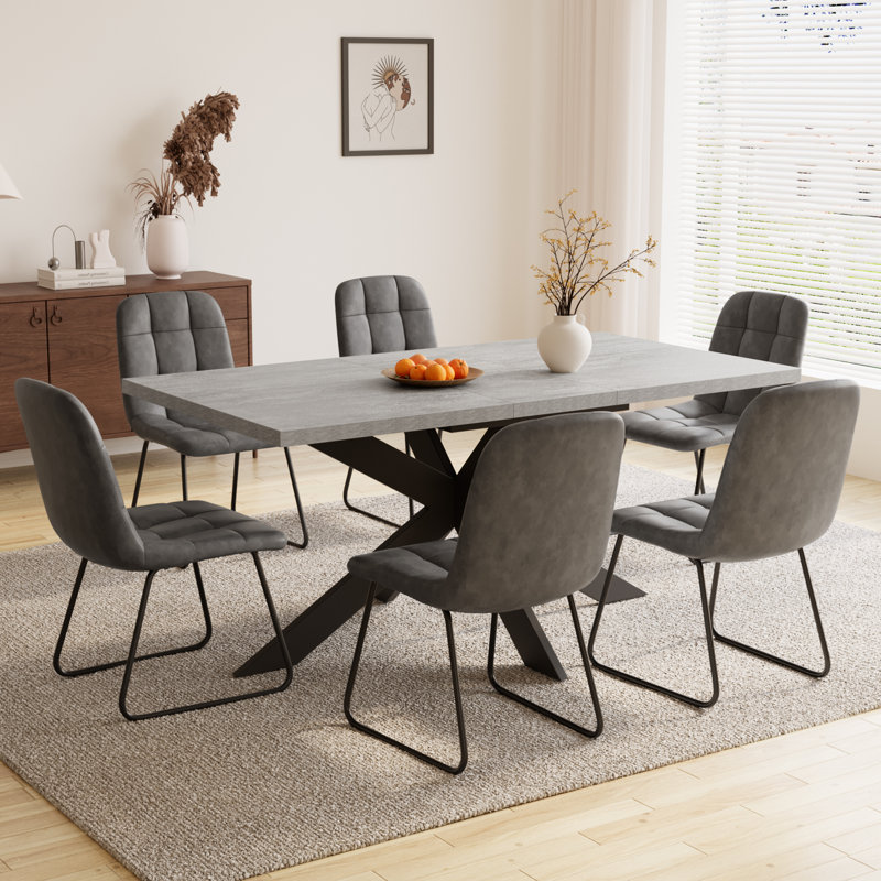 Derose Kitchen Dining Set, Extendable Dining Kitchen Table with Dining Chairs, 7 Pieces: Table, 6 Chairs, Gray