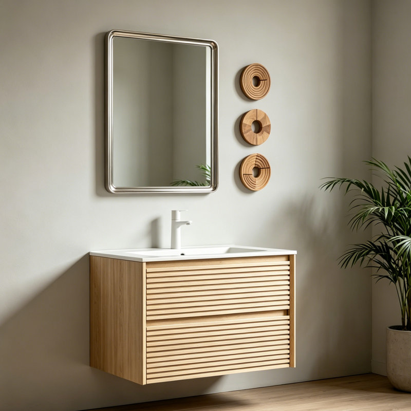 Armoire à grain de chêne avec cuve en céramique intégrée et deux tiroirs à fermeture en douceur préassemblés pour une installation facile