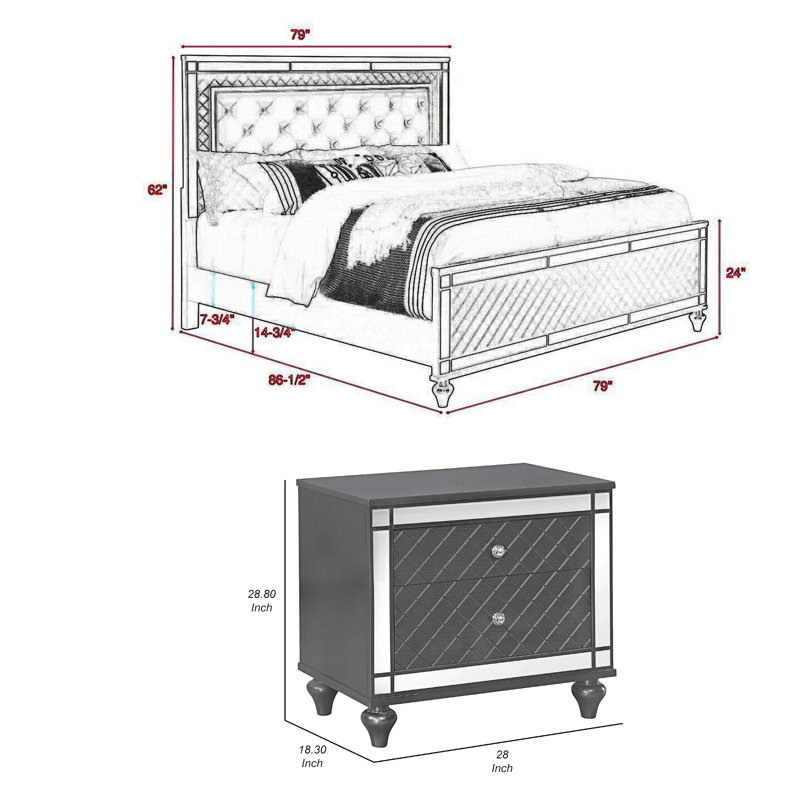 Ensemble de chambre pour très grand lit, gris, argent, bois transparent, ensemble 2 pièces avec table de chevet