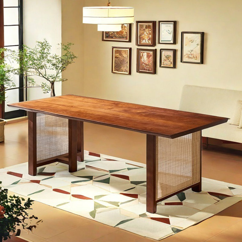 Rattan solid wood dining table, 29.13"H x 94.49"L x 33.46"W