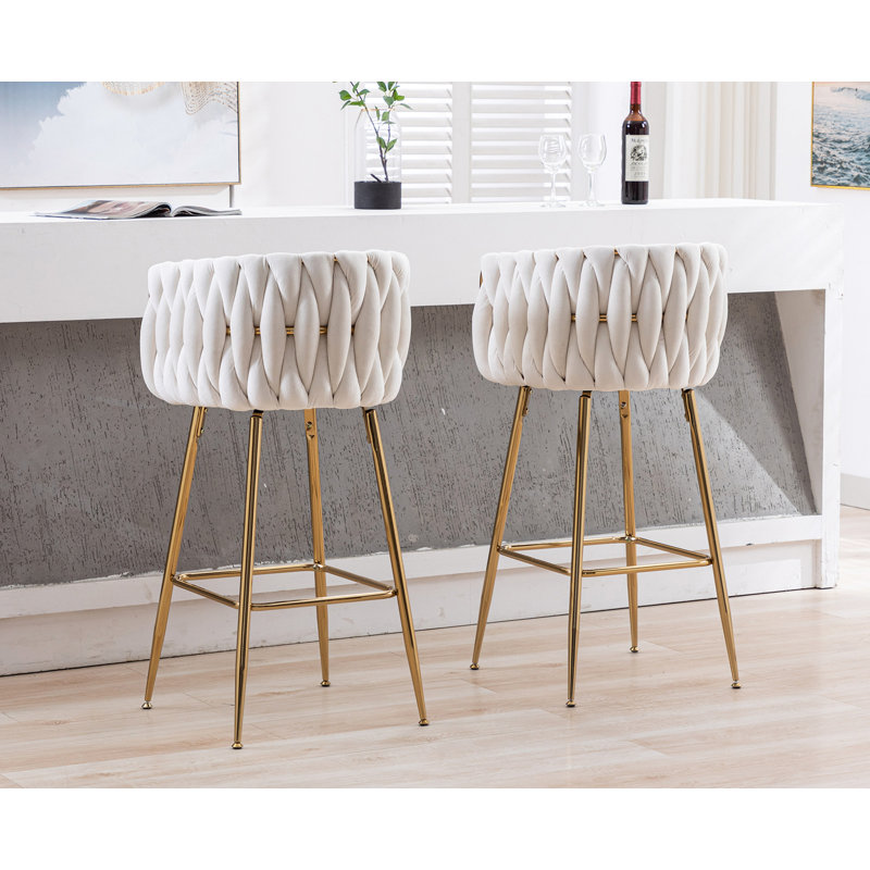 Swivel Upholstered Bar Stools Velvet Counter Stools with Metal Frame (Set of 2), Beige