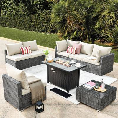 6 - Person Mostly No Assembly Required Patio Furniture Set, Outdoor Wicker Rattan Sectional Seating Group With Cushions, All Weather Sofa Conversation Set With Fire Pit Table For Garden Backyard