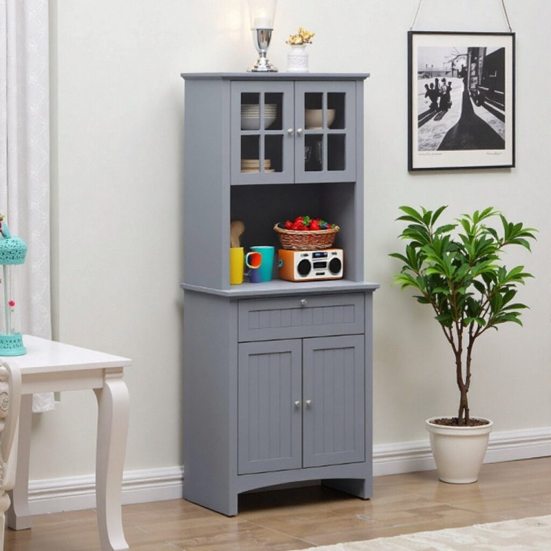 4-Door Grey Kitchen Pantry Storage Cabinet with Adjustable Shelves, Drawer & Appliance Space - 27” W x 15.8” D x 64.5” H