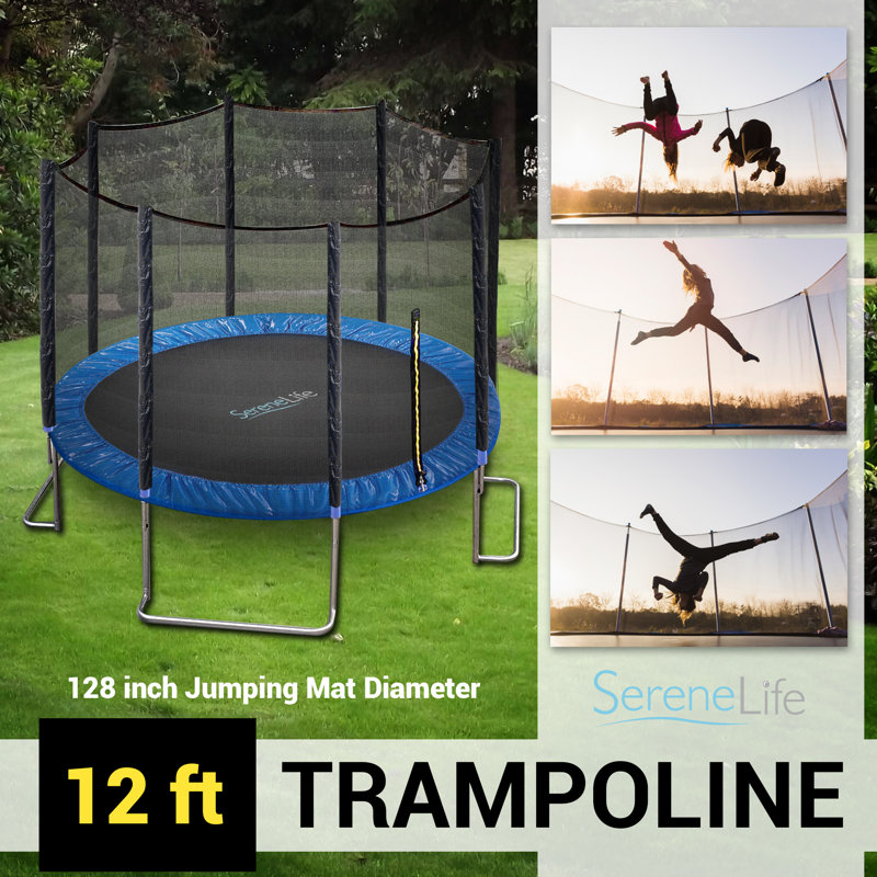 SereneLife 12ft Black and Blue Outdoor Trampoline with Safety Enclosure