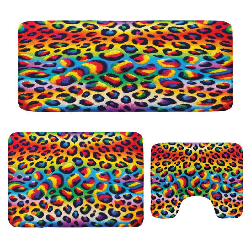  Ensemble de 3 tapis de salle de bain à imprimé léopard et tapis rectangulaires orange multicolore