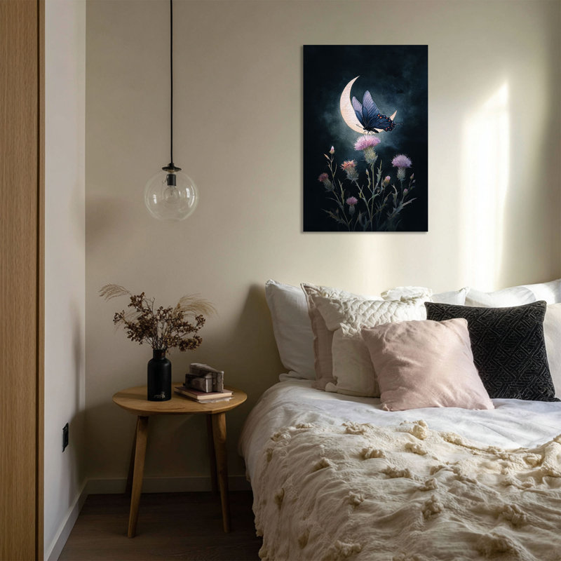 Papillon queue d'aronde foncé sur chardon, croissant de lune - Art mural sur toile tendue - Décoration de salon, de chambre à coucher ou de bureau